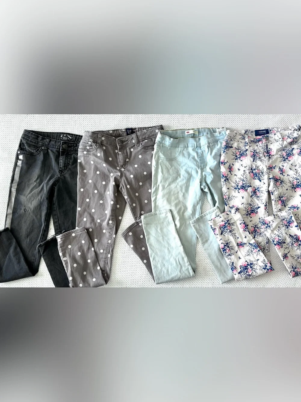 GAP Girls Polka Dot Gray Pants, Light Blue Jeggings, floral jeans, and metallic